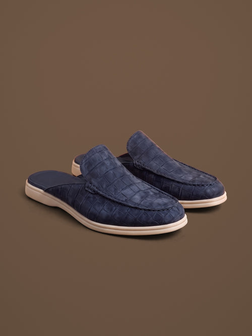 The Antibes Mule — Navy, pair, front three-quarter view