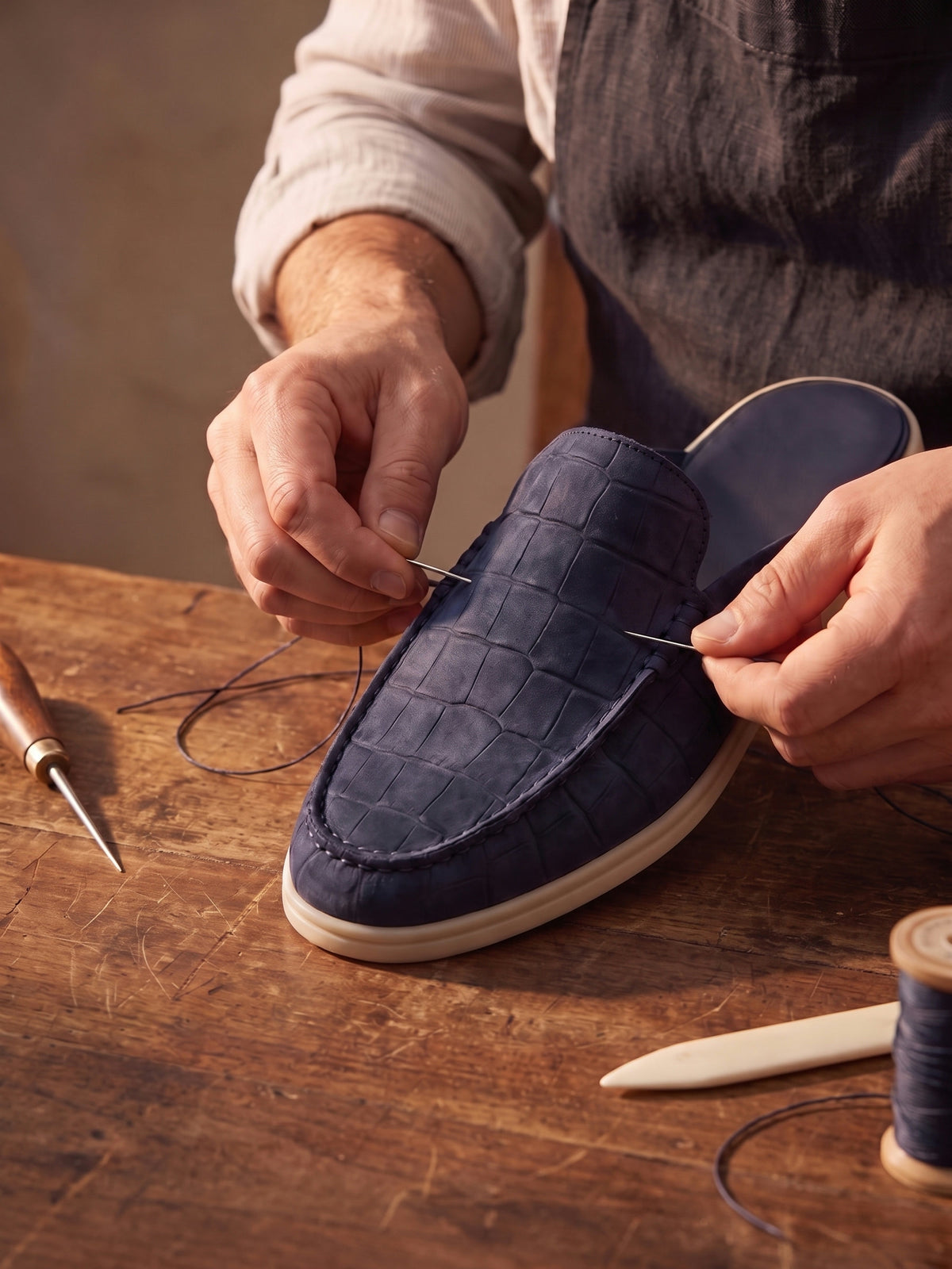 The Antibes Mule — Navy, close-up of the craftsmanship