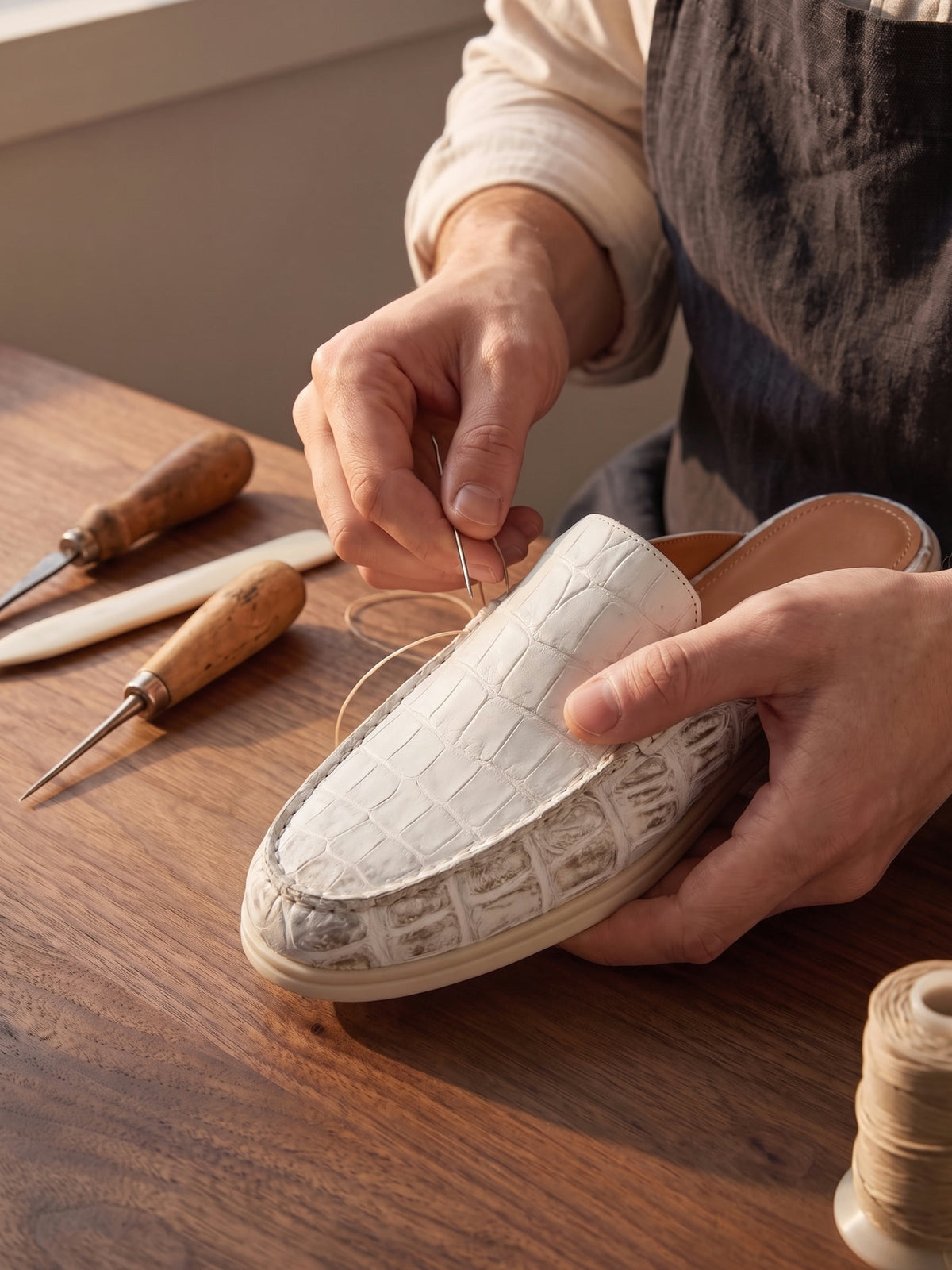 The Antibes Mule — White, close-up of the craftsmanship