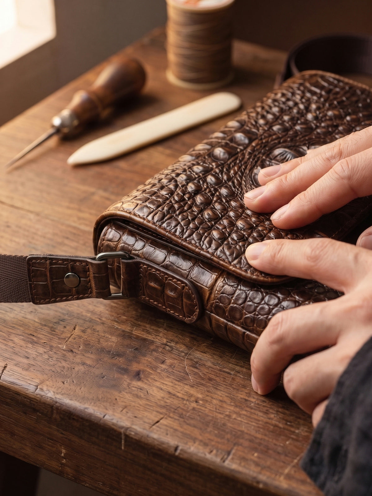 The Biarritz Crossbody — Brown, close-up of the craftsmanship