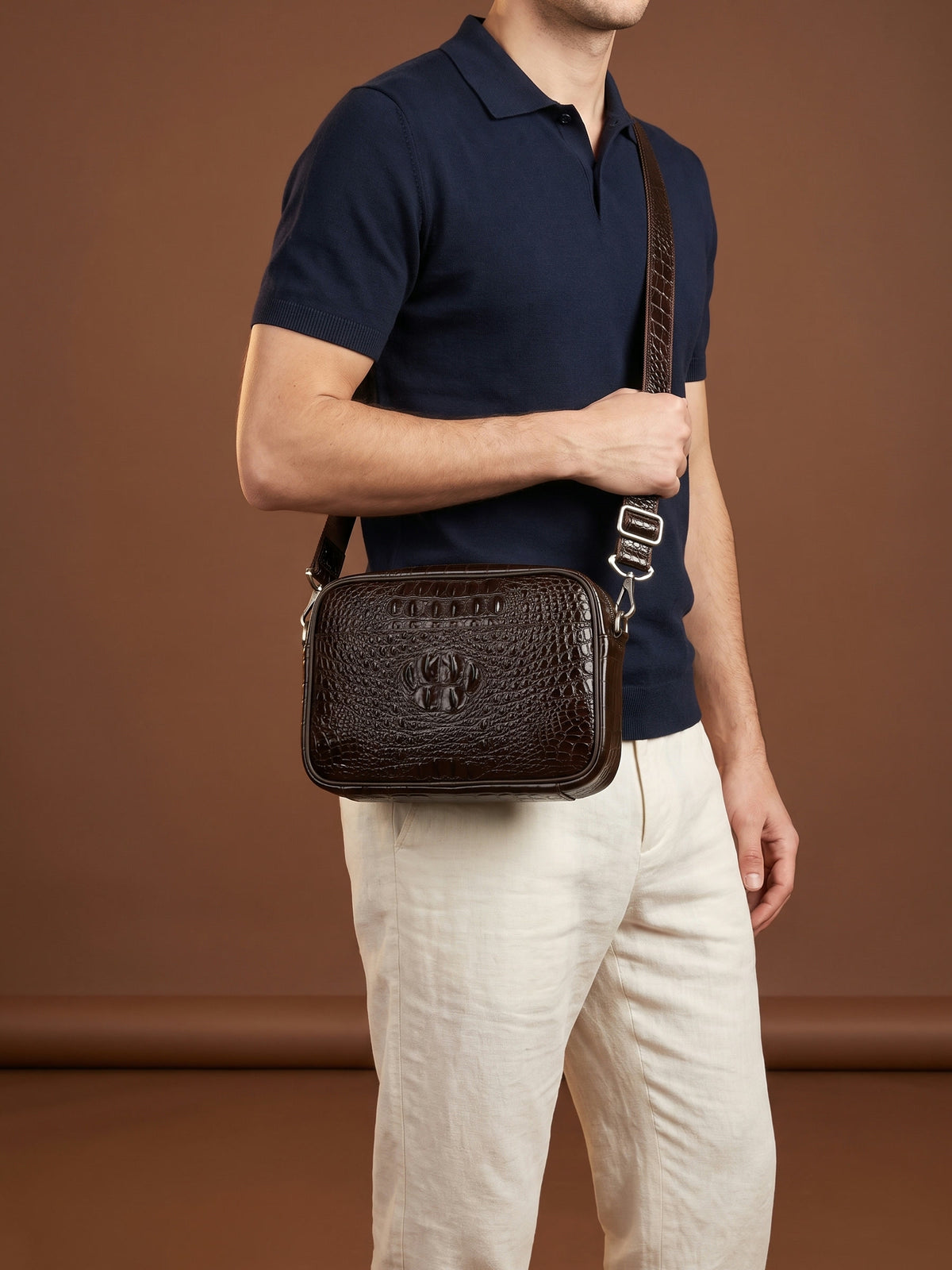 The Cassis Camera Bag — Brown, carried