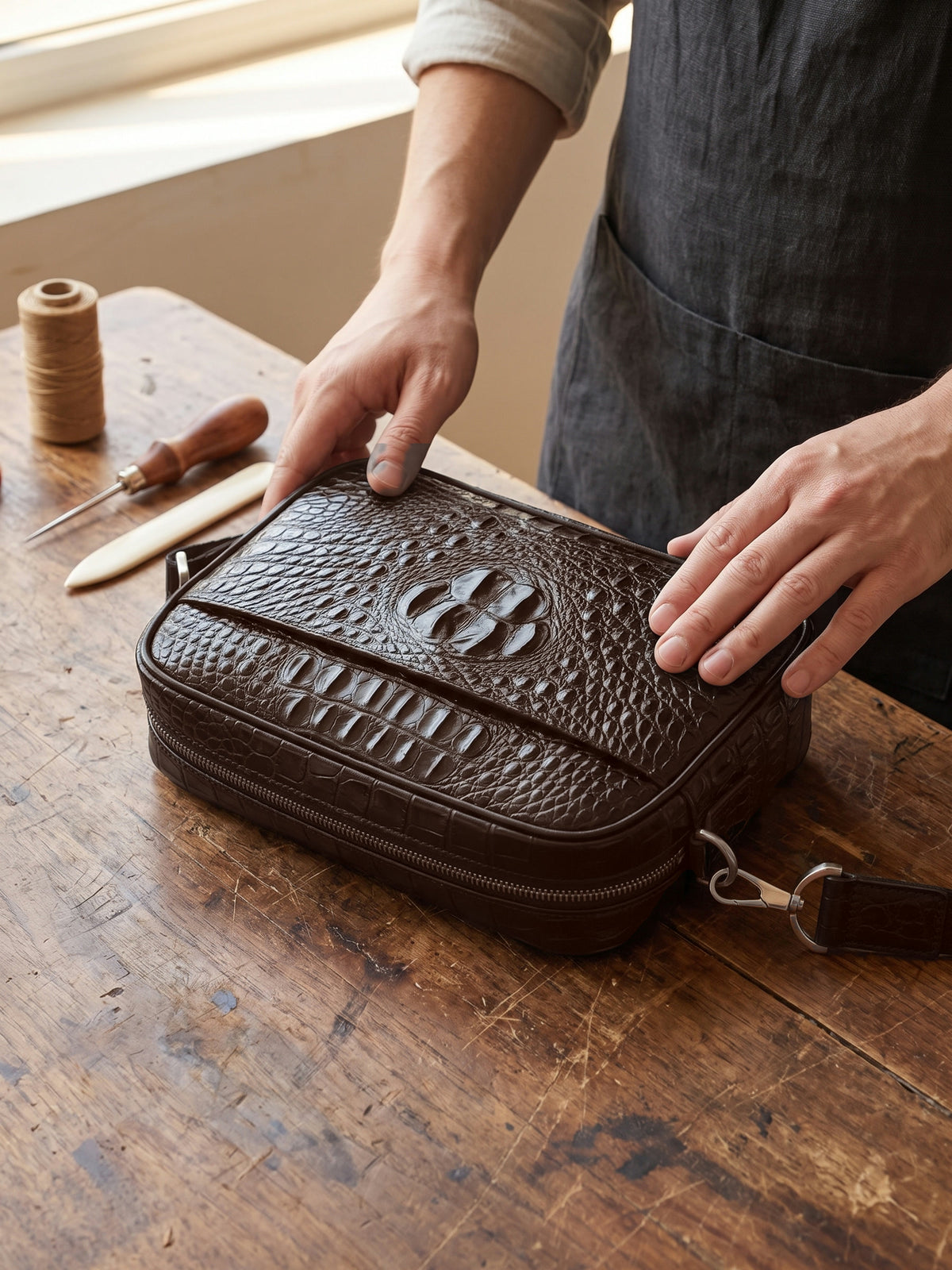 The Cassis Belt Bag — Brown, close-up of the craftsmanship
