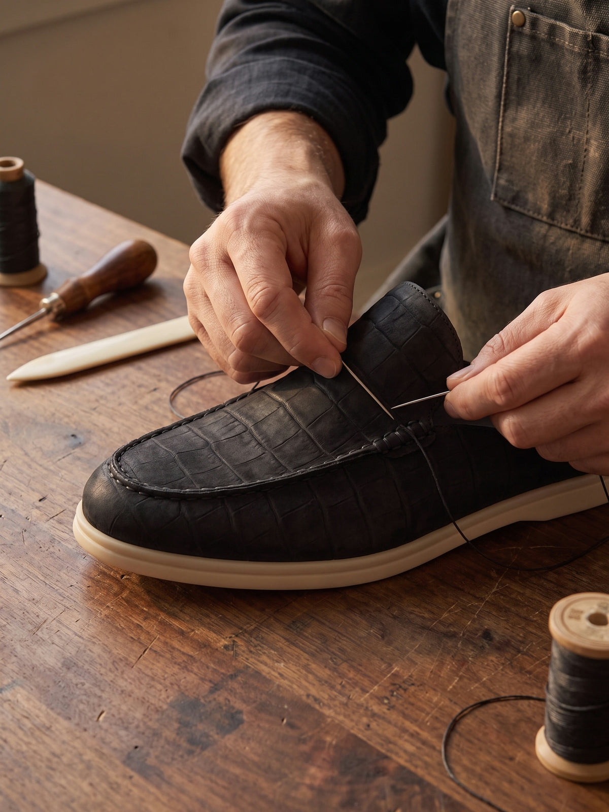 The Antibes Mule — Black, close-up of the craftsmanship
