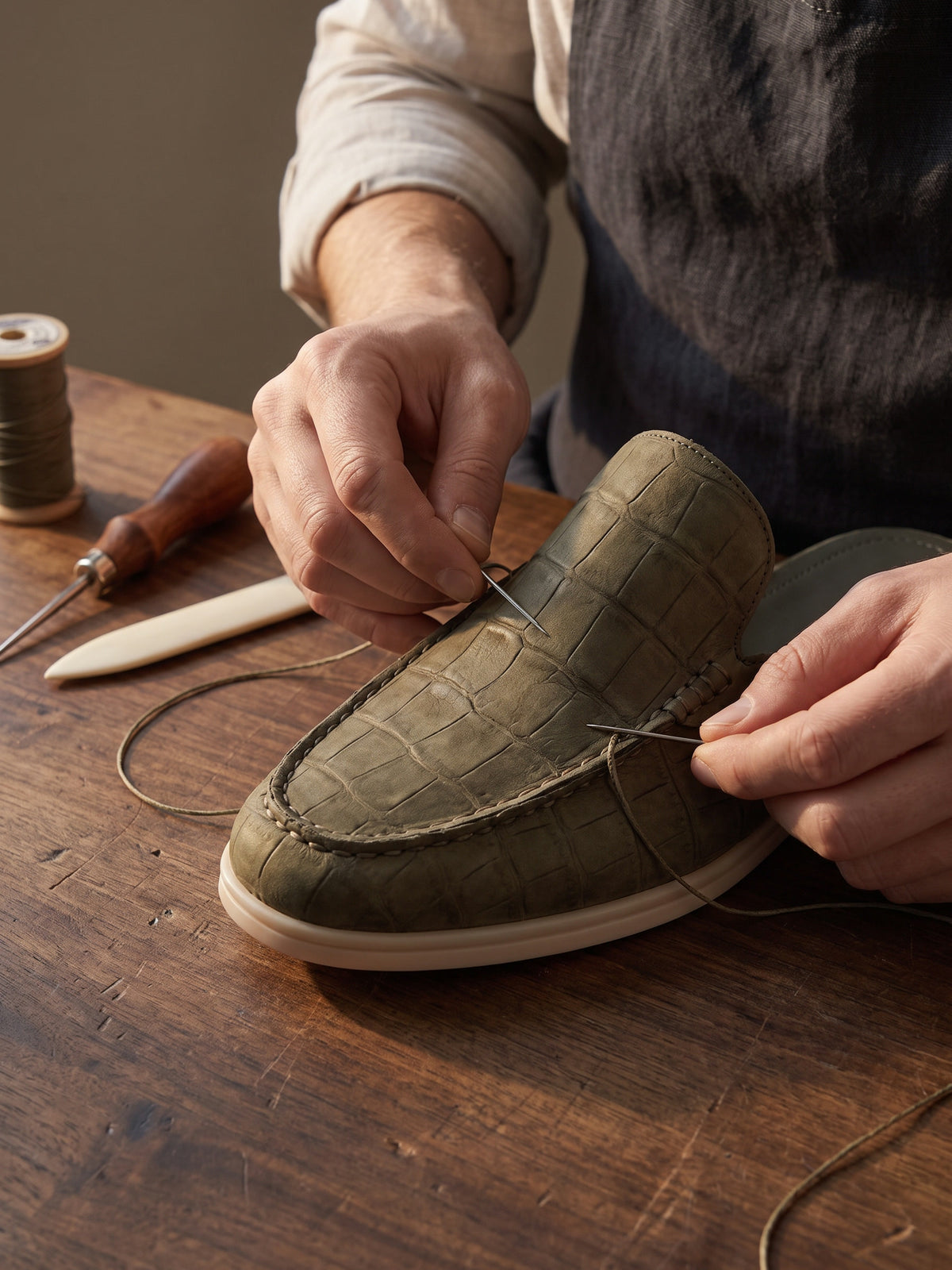 The Antibes Mule — Olive, close-up of the craftsmanship