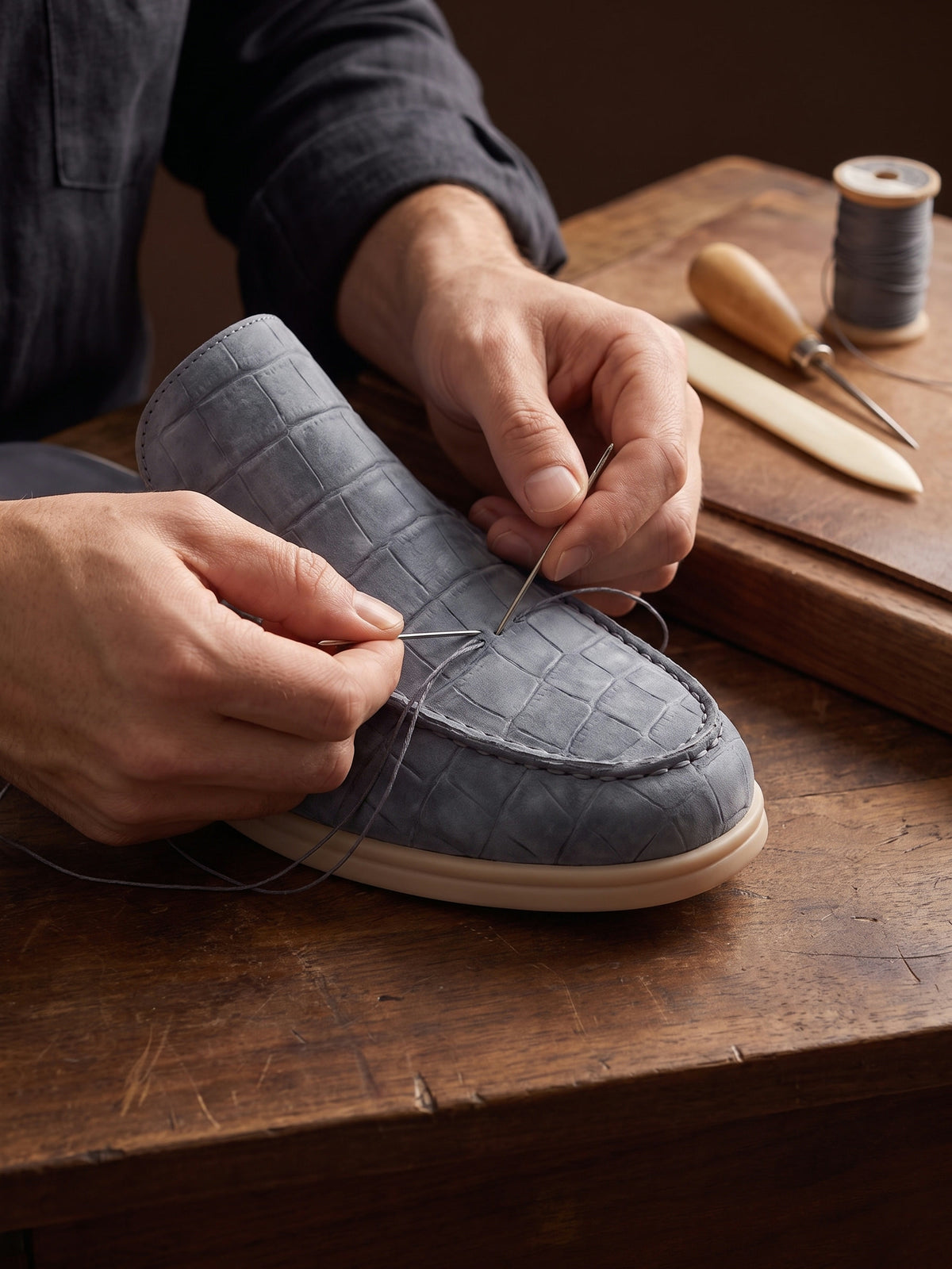 The Antibes Mule — Slate, close-up of the craftsmanship