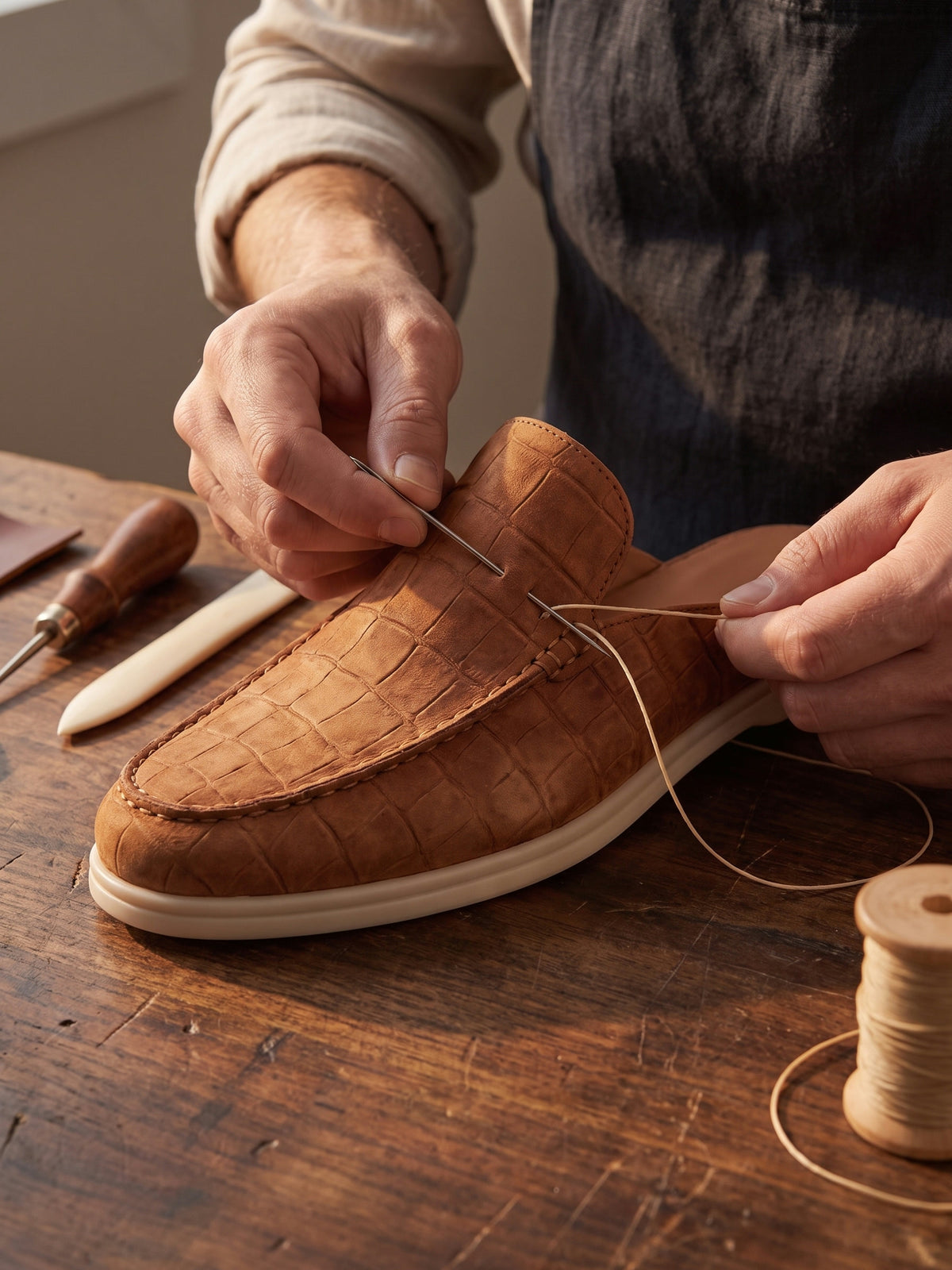 The Antibes Mule — Brown, close-up of the craftsmanship